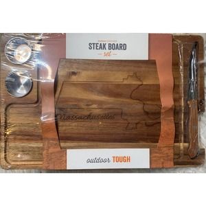 Rectangular Acacia Wood End Grain Steak Board Set with Knife and Sauce Holders